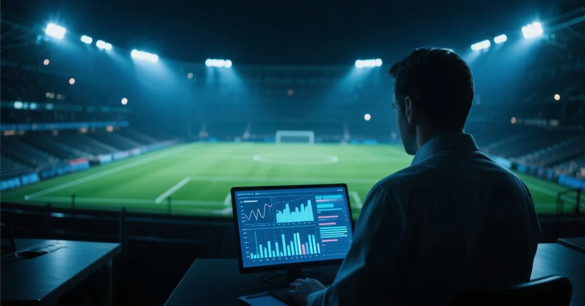 分析师在大屏幕前复盘比赛赔率