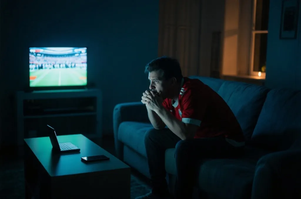 深夜球迷在沙发上看比赛,手机发出屏幕光
